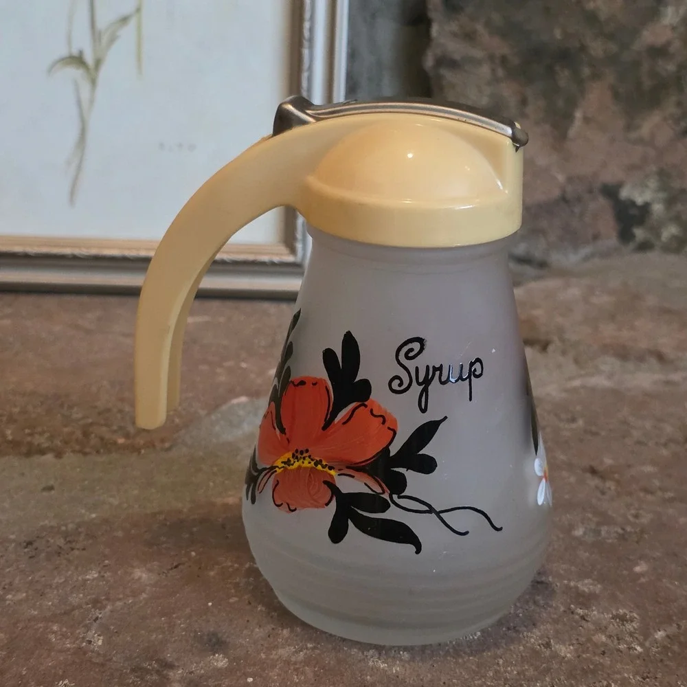 Vintage Frosted Glass Syrup Dispenser Hand Painted Floral Retro Kitchenania MCM